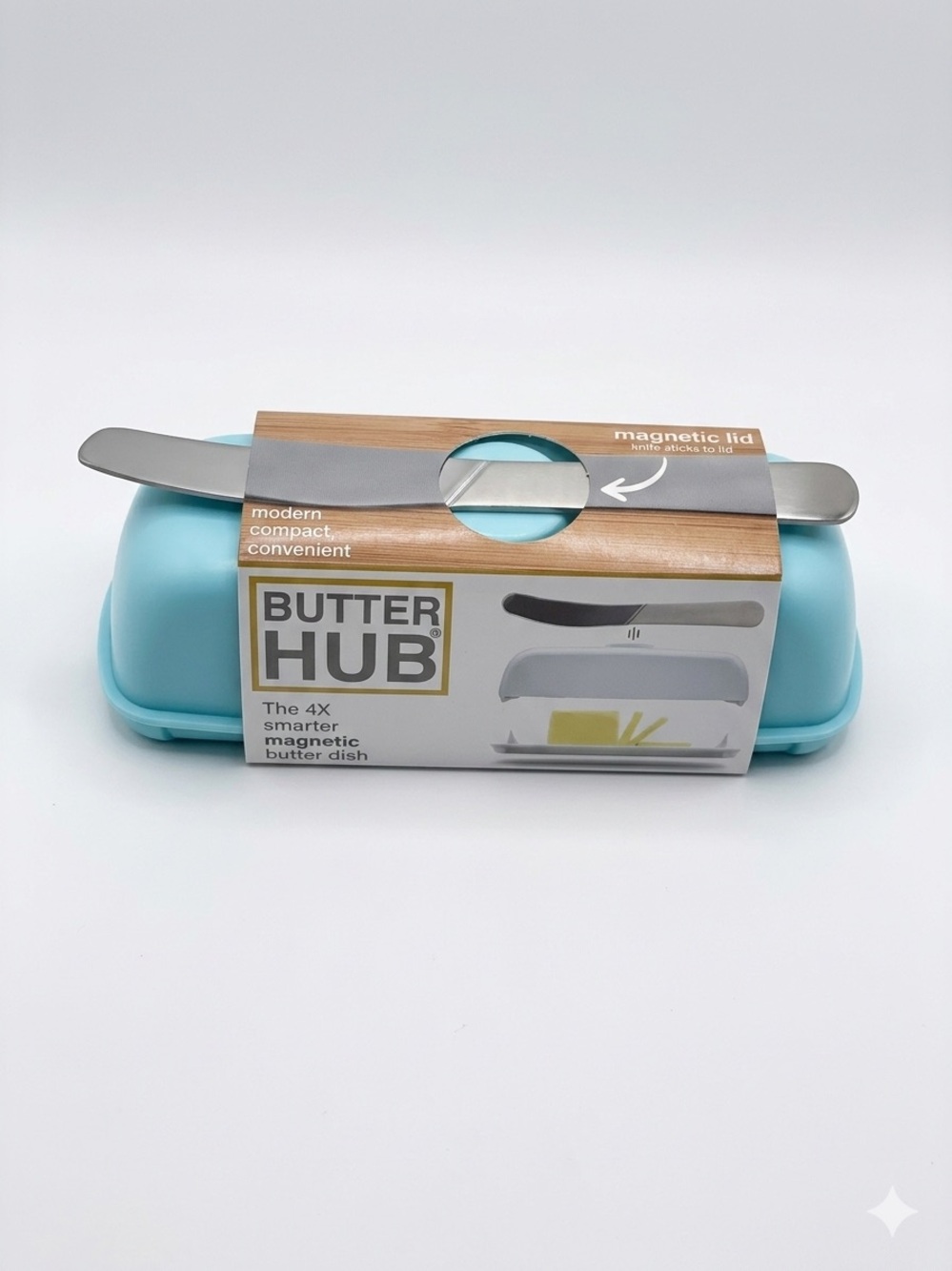Butter Hub Butter Dish w/ Lid & Knife, Magnetic Keeper, Easy Scoop, Aqua